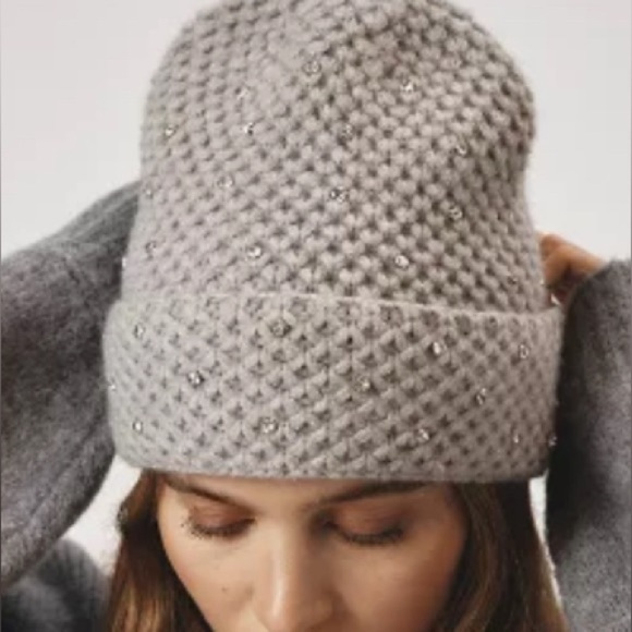 Anthropologie Maeve Rhinestone Waffle Knit Beanie Hat Light Gray One Size New - Picture 9 of 9
